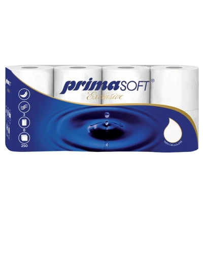 Toaletní papír PRIMASOFT EXCLUSIVE 250, 3VR, celuloza, extra bílá, 30m, 250 útržků, 8ks.jpg